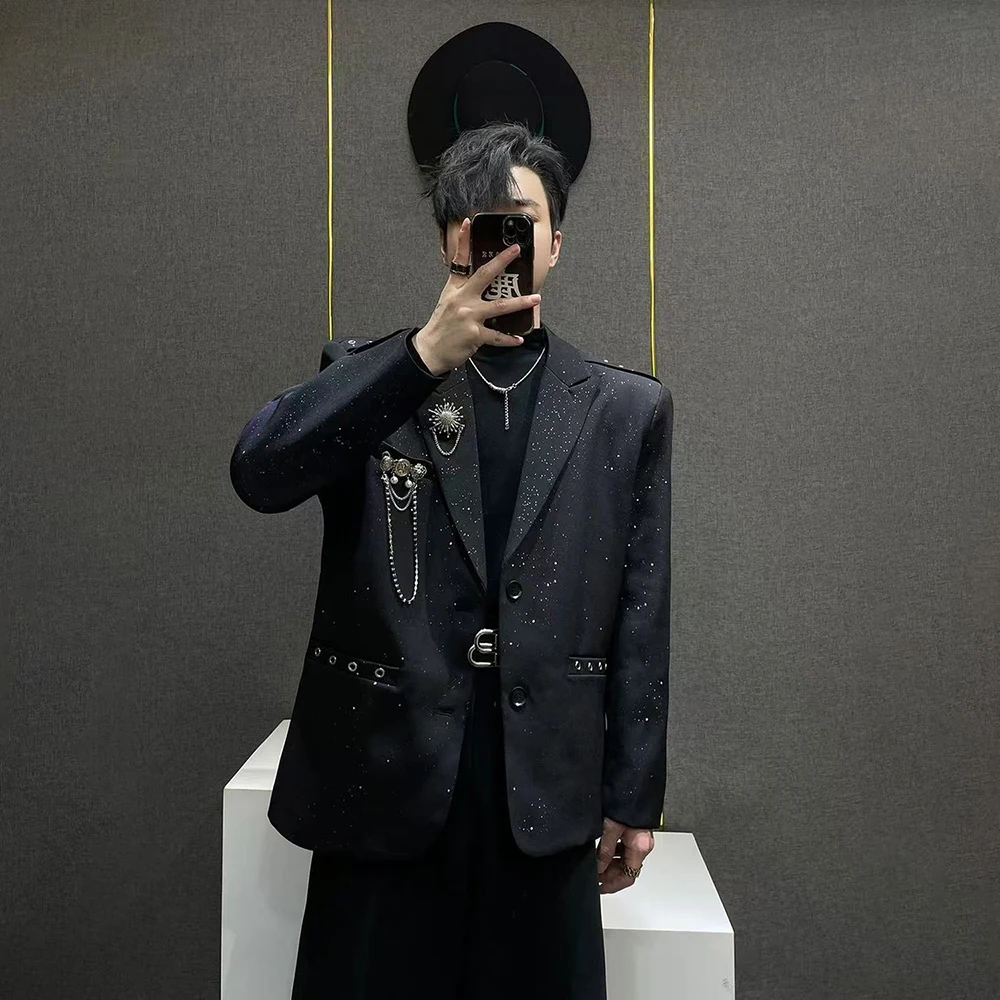 Mens Y2k Brooch Chain Gold Foil Glitter Design Niche Streetwear Fashion Nightclub Stage Performance Jacket Men'S Clothing 2026
