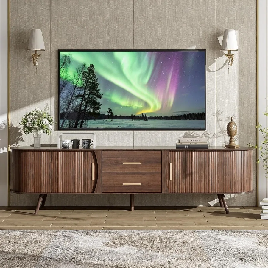 

70 Fluted TV Stand for TVs Up to 80 Mid Century Entertainment Center with Sliding Tambour Doors and Drawers Modern Curved Media