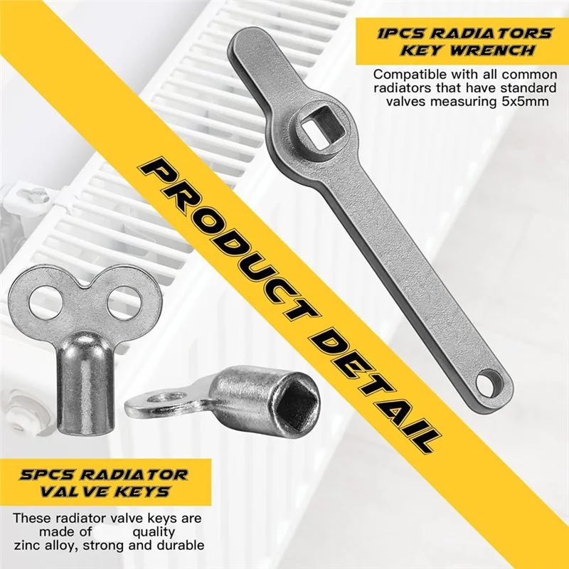 Clés de purge A05G-6Pcs pour kits de radiateurs, poignée de ventilation de radiateur et 5 clés de purge pour le purge avec double trou pour chauffeurs