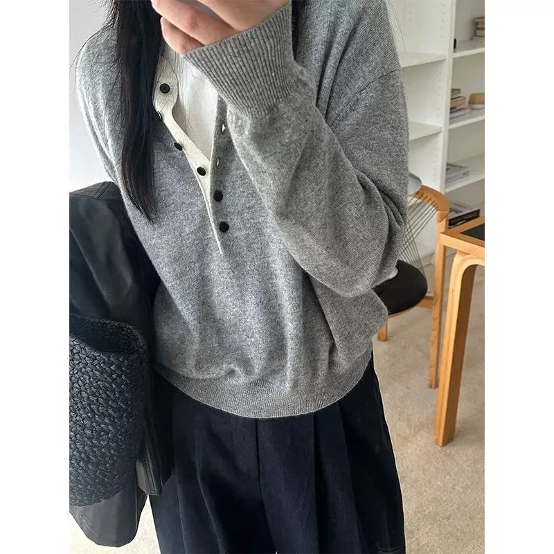 Women's half-open collar color-blocked crew neck pure cashmere sweater autumn and winter loose sweater wool knit base layer top