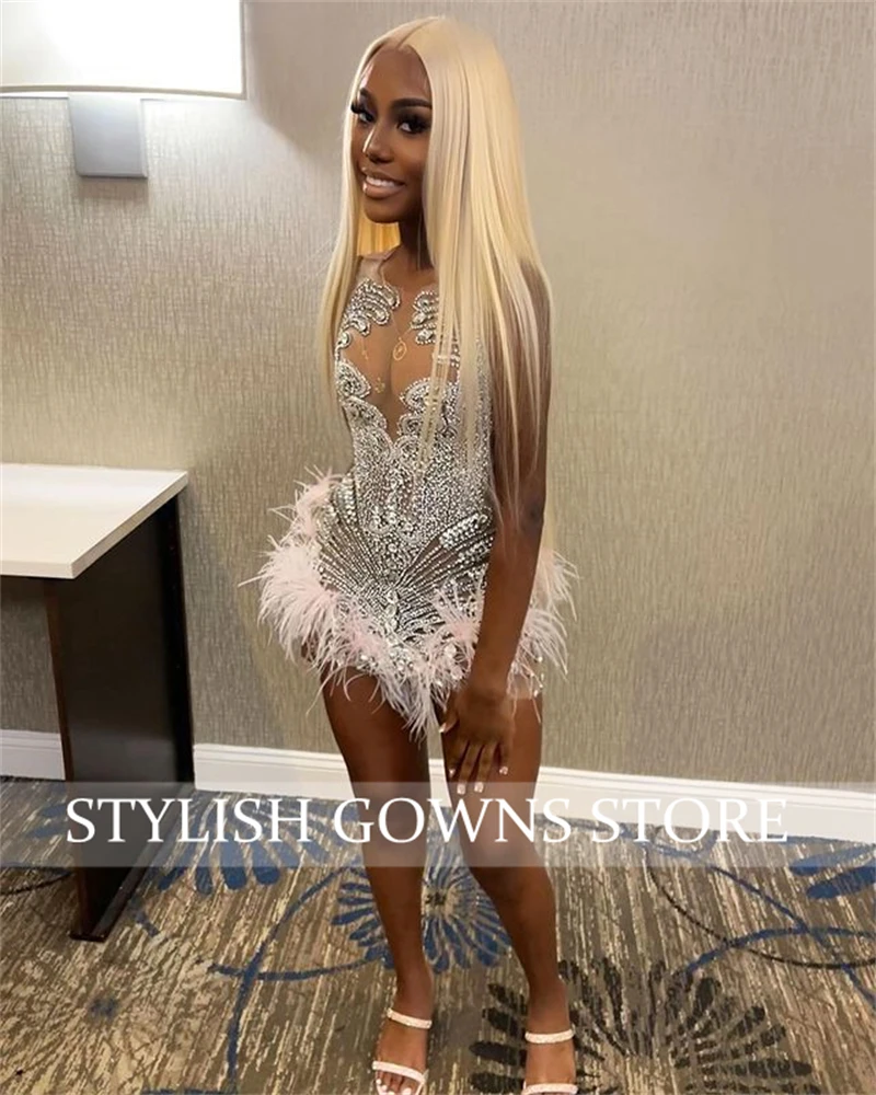 Sparkly Sheer O Neck Short Prom Dress Beaded Crystal Diamond Birthday Party Gowns Feather Mini Cocktail Homecoming Customized