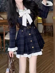 Korean Elegant Bodycon Plaid Dress Sets Women Sweet Bow Slim Evening Party Mini Dress Y2k French Retro Fairy 2000s Vintage Y2k