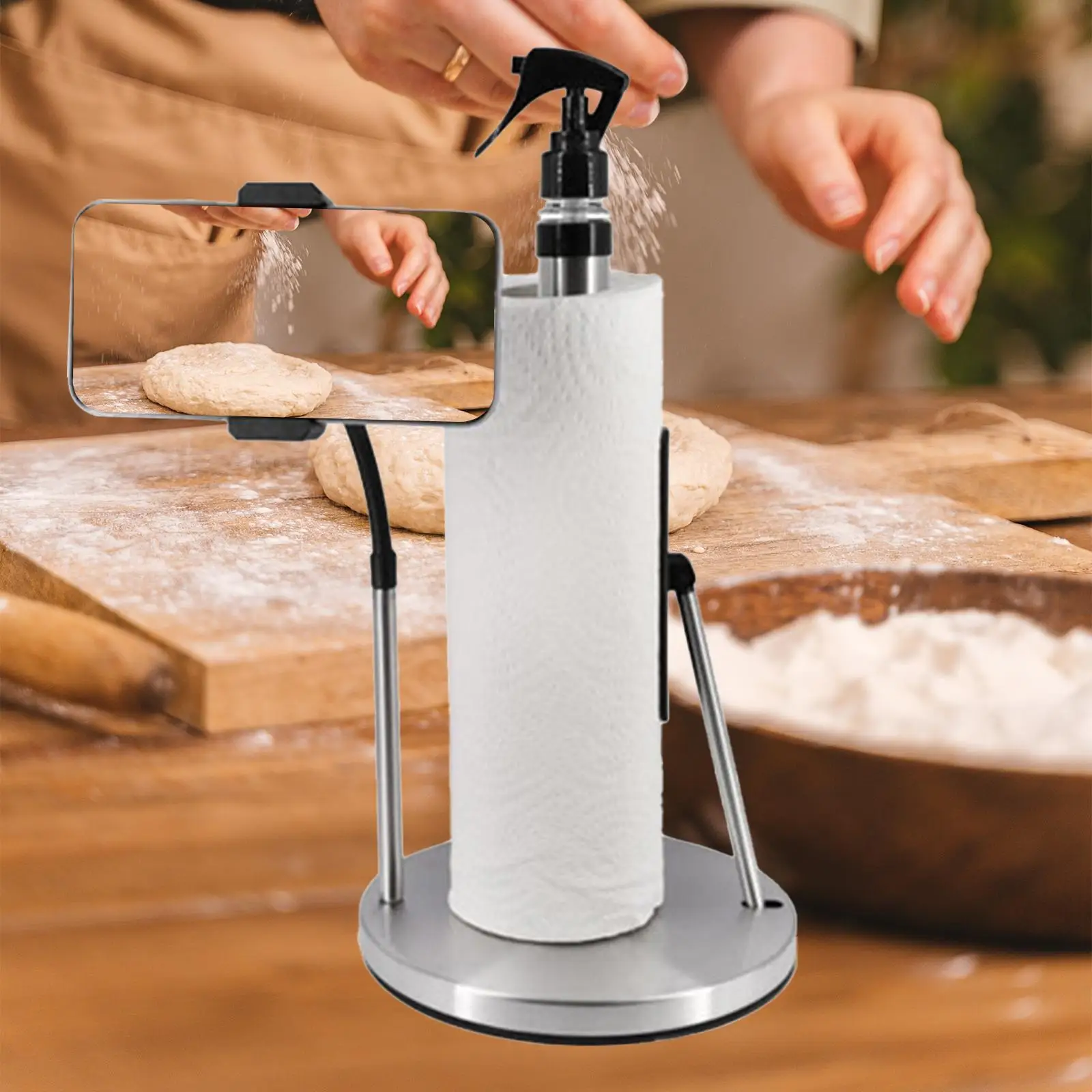 Stainless Steel Paper Towel Holder Kitchen Accessory Freestanding Roll Holder with Phone Stand for Small Spaces