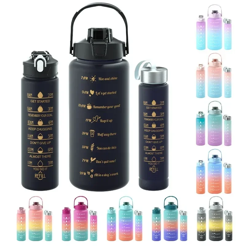 3-Piece Set Large Capacity Gradient Water Bottle,Water Bottle with Straw 2 Litre Leakproof with Time Marker,for Sports Fitness