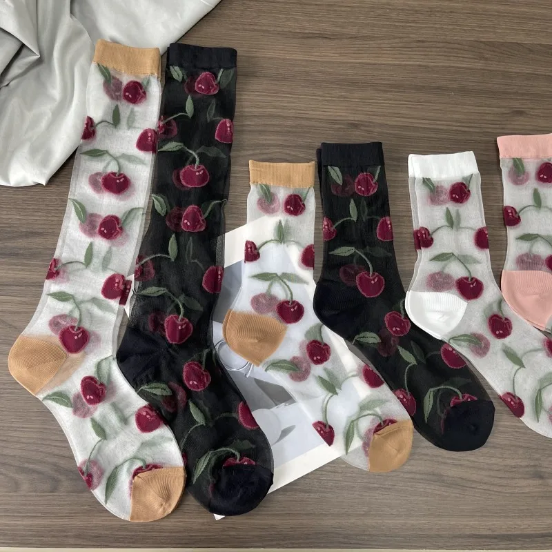 Ultra-Thin Transparent Woman Split Toe Socks Red Cherry Pattern Summer Crystal Silk Hollow Out Sheer Two-Toed Japanese Tabi Sox