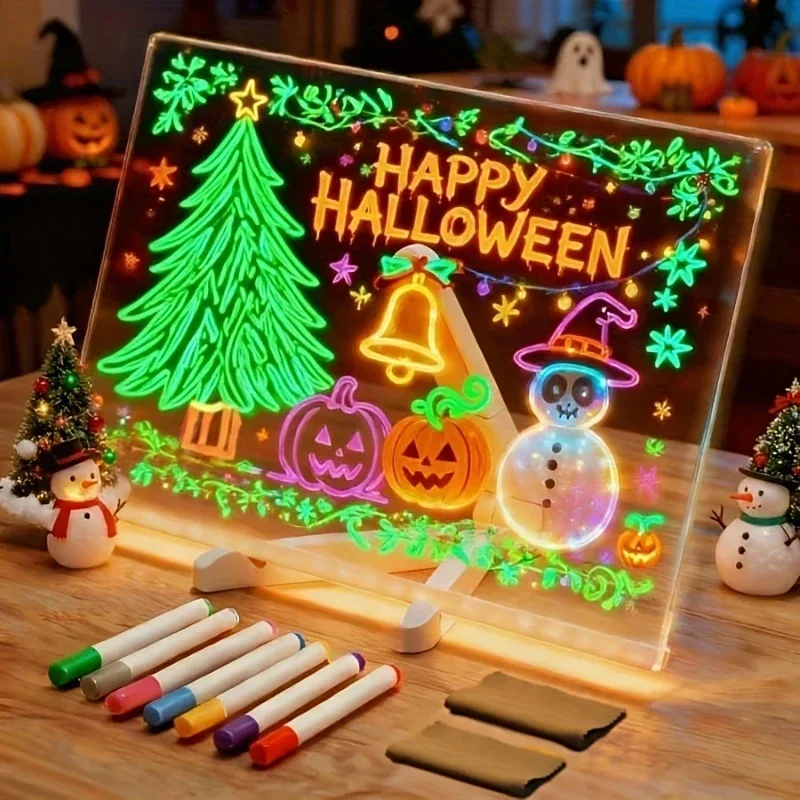 Acrylic LED Message Board, Reusable Light Up Drawing and Writing Pad with 7Pens USB Powered Doodle Board for Notes Creative Gift
