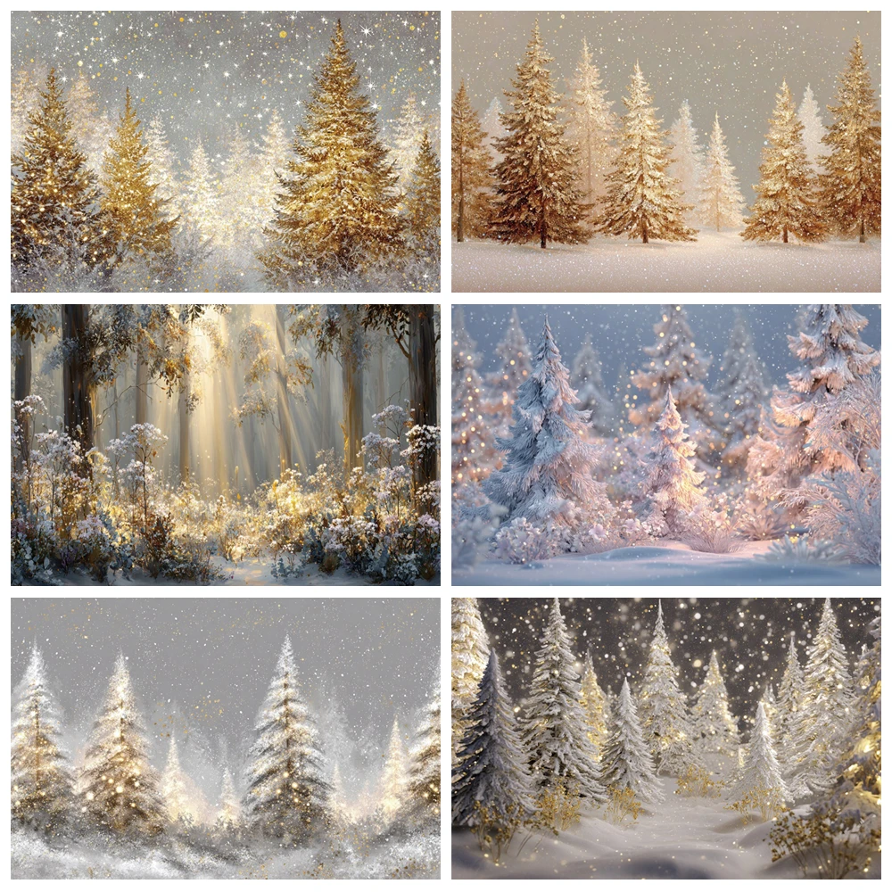 

MOON.QG Golden Dreamy Winter Forests Photo Background Christmas Field Sunlit Backdrop Photography Accessories Children Decor