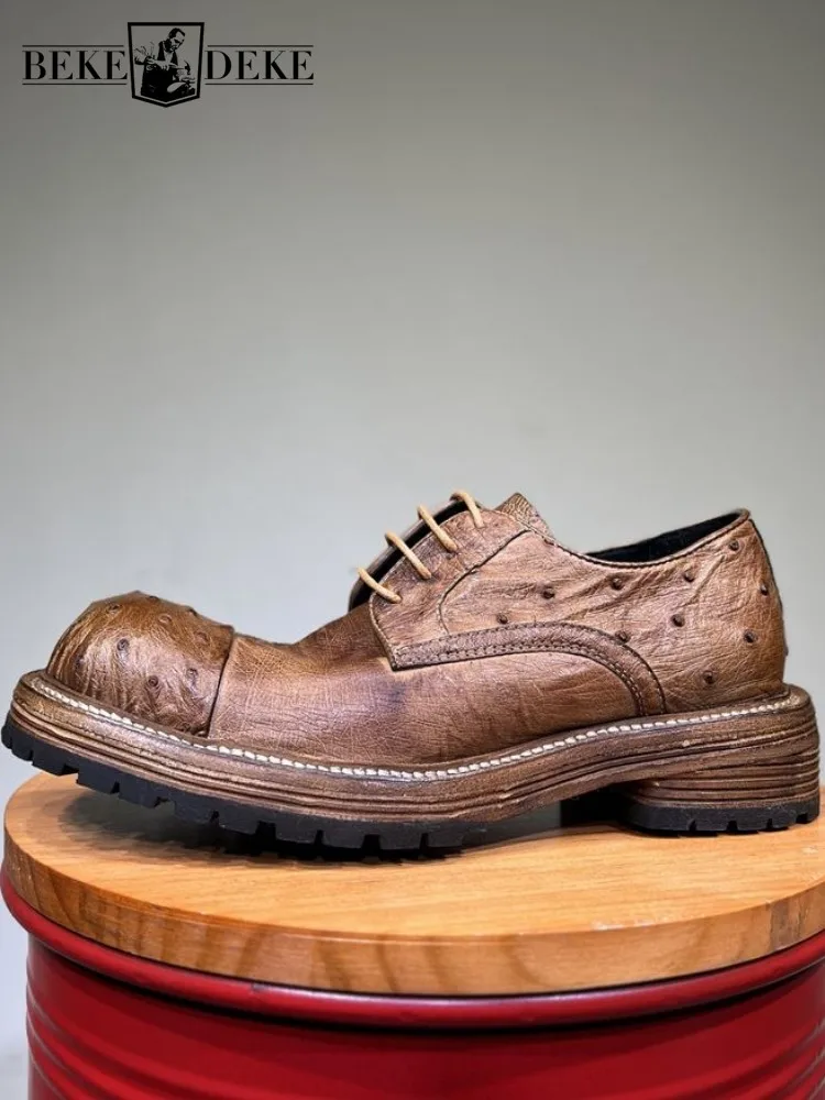 High Quality Mens Dress Shoes Handmade Ostrich Leather Vintage Round Toe Solid Color British Style Business Casual Derby Shoes