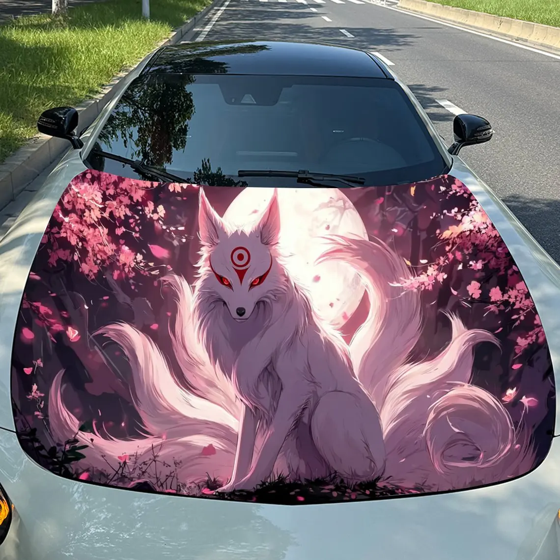 Pink Cherry Moon Fox Car Vinyl Wrap, PVC Material Waterproof Car Hood Sticker, Self-Adhesive Scratch-Resistant Stickers for Engi