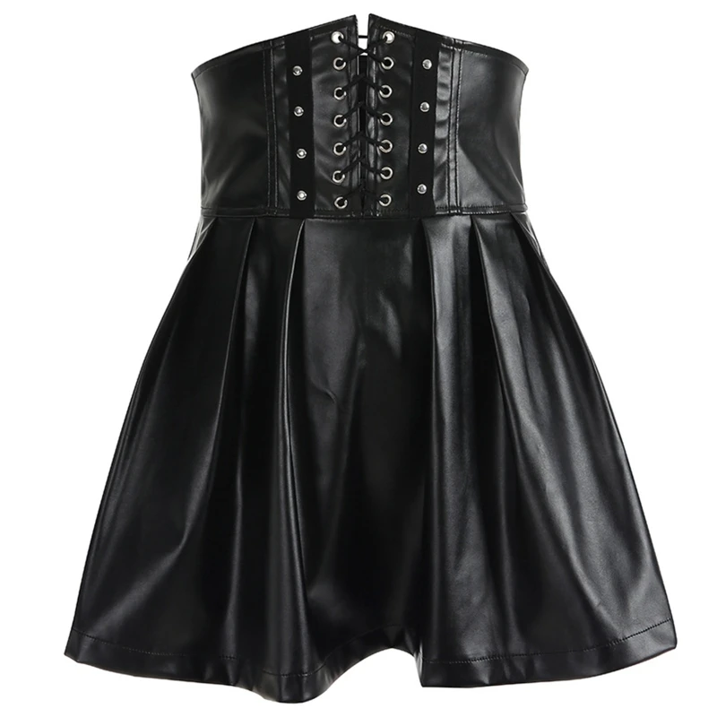 

Women Gothic Punk Faux Leather High Waist Corset Mini Pleated Skirt Harajuku Irregular Lace-Up Front Back Zipper Bustier N7YE