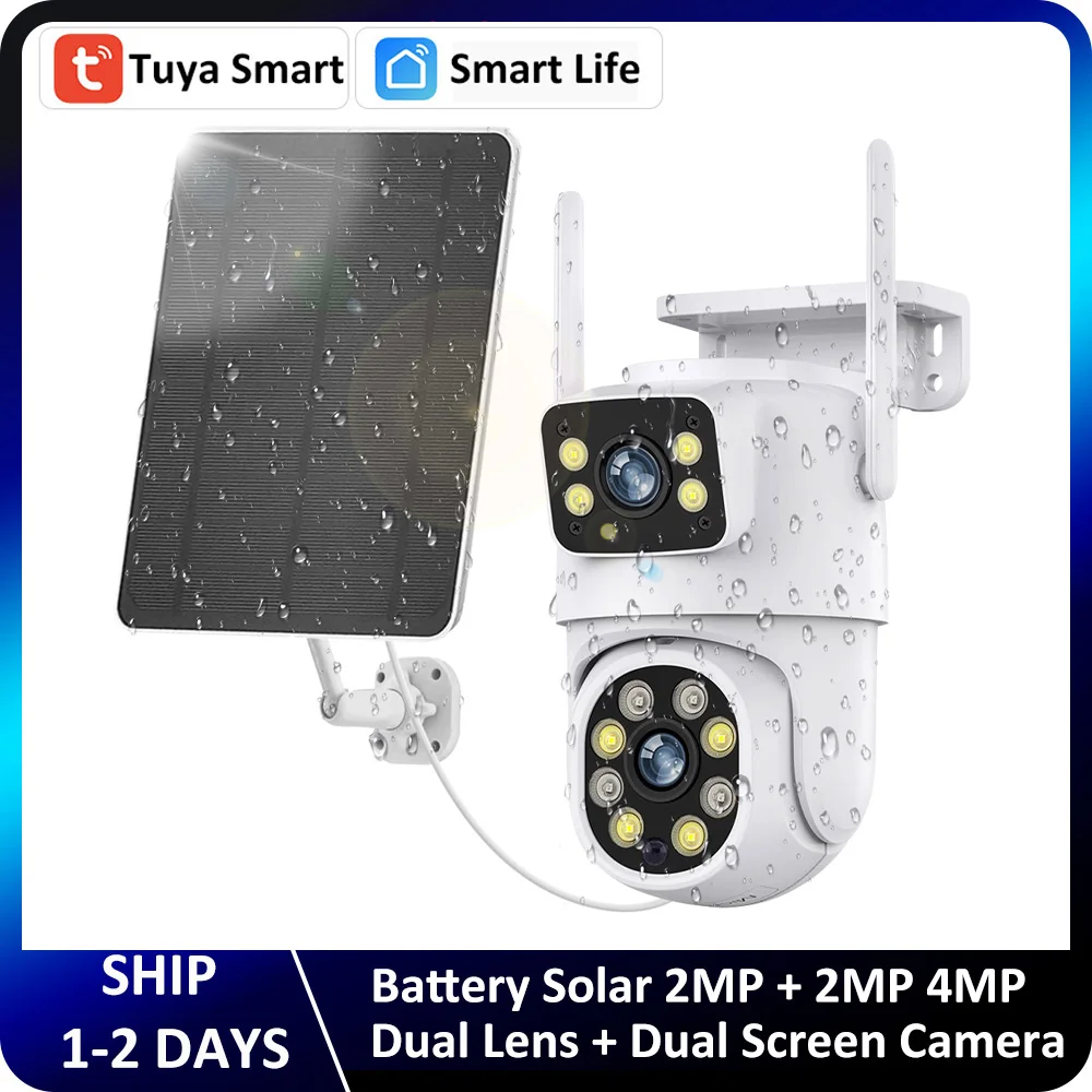 Tuya 4MP Battery Solar Dual Lens Screen WiFi Motion Tracking PTZ Surveillance Color Night Vision Security CCTV Outdoor IP Camera