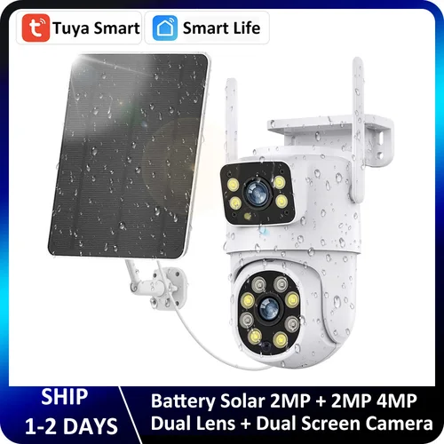 Tuya-cámara IP para exteriores, batería de 4MP, pantalla Solar de doble lente, WiFi, seguimiento de movimiento, vigilancia PTZ, visión nocturna en Color, seguridad CCTV