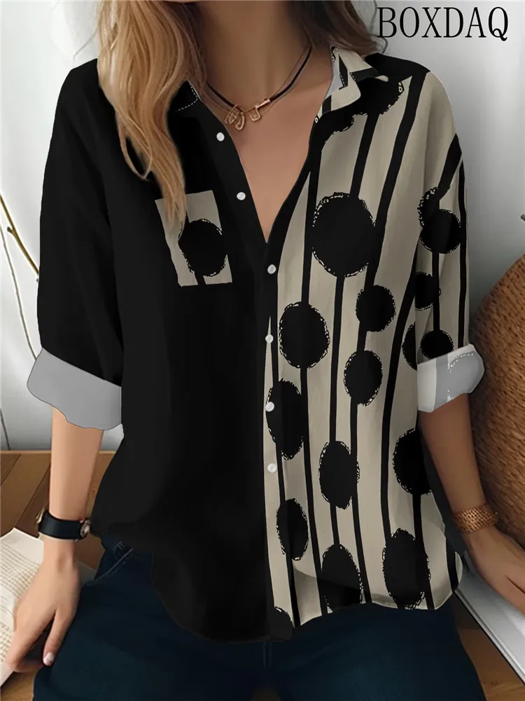2026 Long Sleeved Lapel Button Women's Blouse Casual Polka Dot Geometric Abstract Pattern Printed Loose Shirts