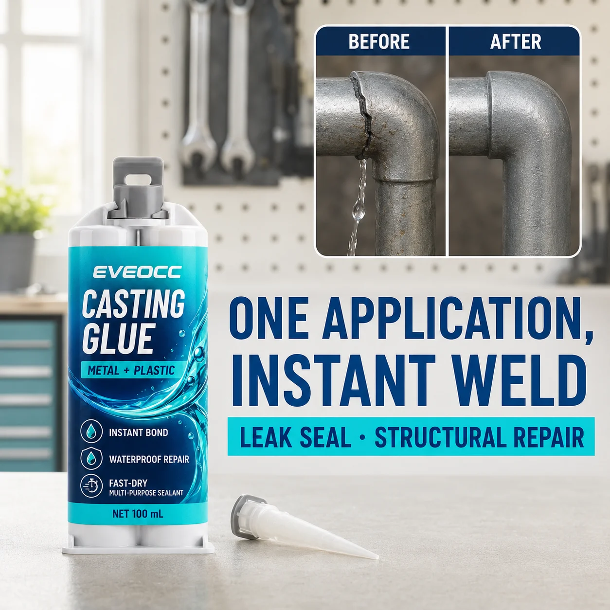 EVEOCC 100ml Casting Repair Adhesive, Fast‑Dry Waterproof Multi‑Purpose Sealant for Metal & Plastic Restoration