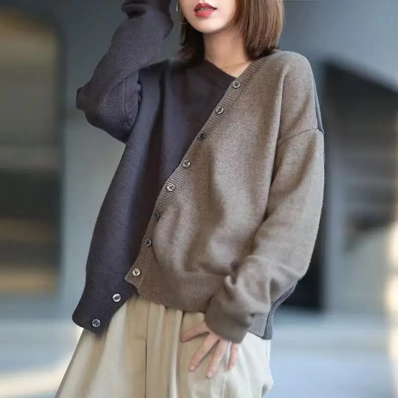 

Women's V-ne Long Sve Knitted Sweater Color Blo Loose Fit Korean Sle Commute Faion Autumn Winter Casual Wear