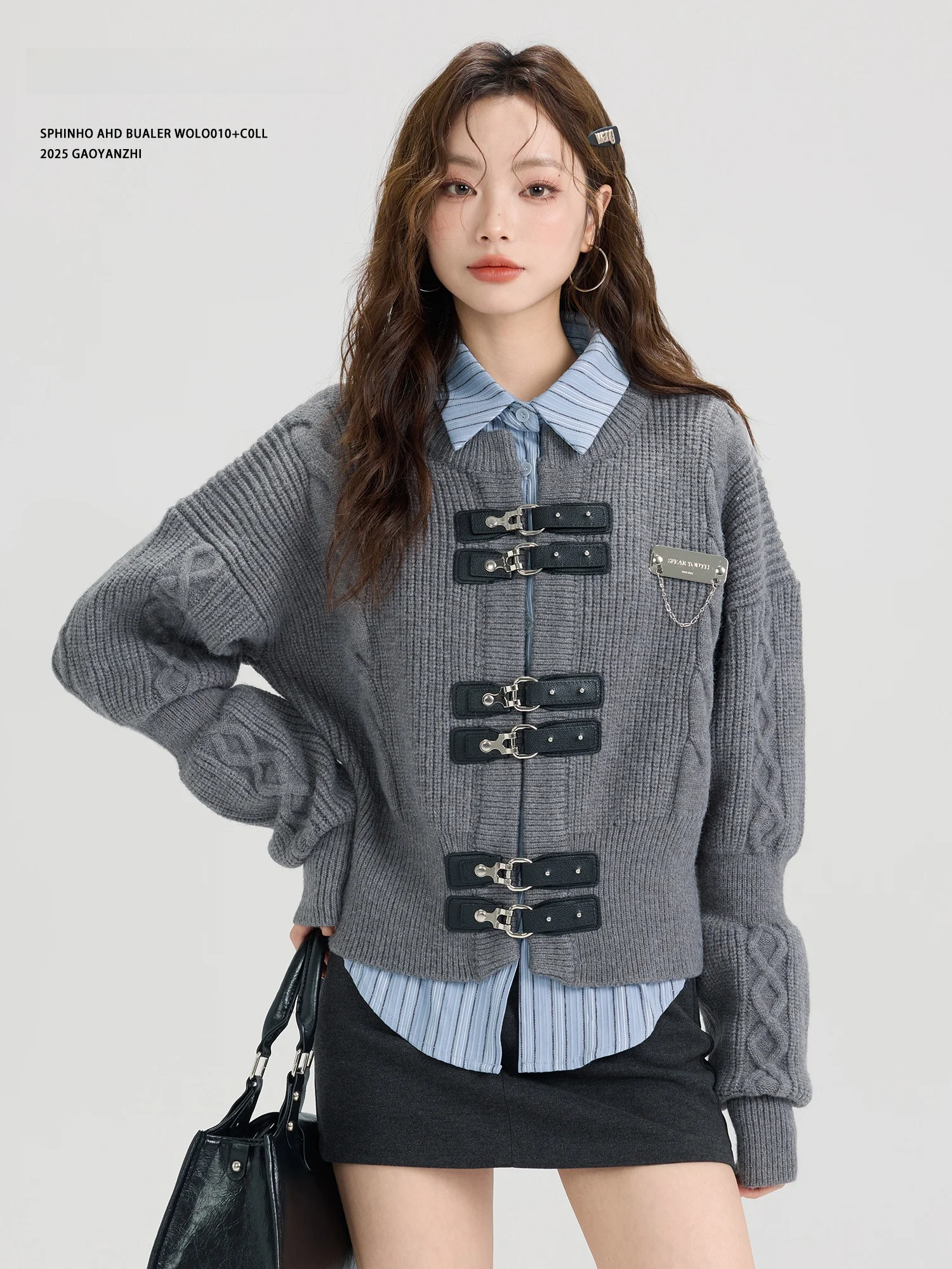 

Ay вязаный открытый кардиган женский свободный с декоративными кожаными пуговицами осень-зима модный свитер для колледжа верхняя одежда