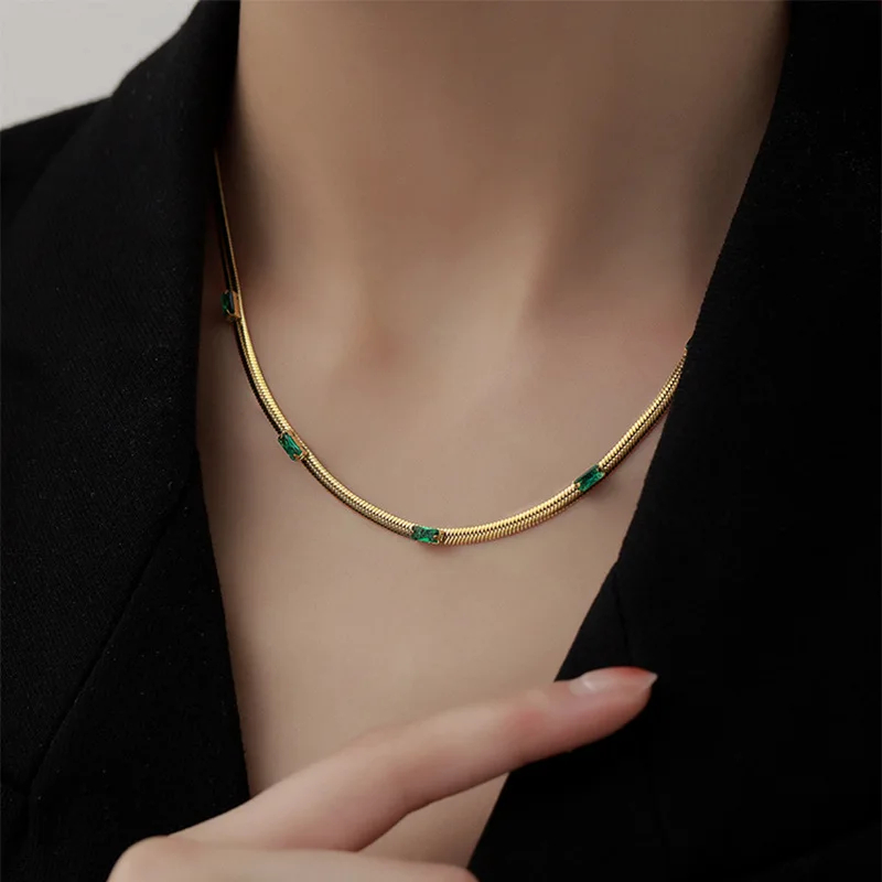 Ramos Gold Plated Shiny Square Cubic Zirconia Herringbone Chain Choker Necklace Green Clear Zircon Stone Short Chain Necklace