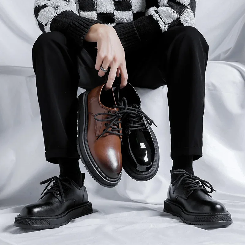 

Shoes Men Leather Original British Style Thick Bottom Round Toe Patent Leather Shoe Handmade Men Dress Shoes Lace Up Men's Shoes