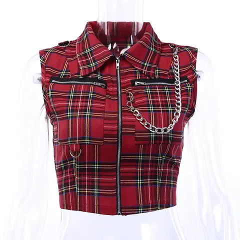 Plaid Punk Streetwear Zipper Kette Plaid Weibliche Goth Retro Hallo Hop Camis Top Gothic Chic Sexy Crop Tops Frauen T-shirt