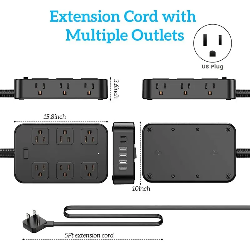 CABE-Wall شنت قطاع الطاقة عرام حامي مع 12 منافذ تيار متردد 6 منافذ USB منفذ موسع سطح المكتب مكتب محطة شحن الولايات المتحدة Pl #6