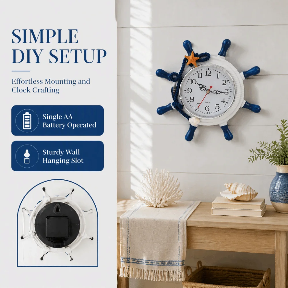 Wooden Steering Wheel Clock Blue Mediterranean Style Anchor Wall Clock Wall Hanging Ornament 8.46in Sailing Ship Clock