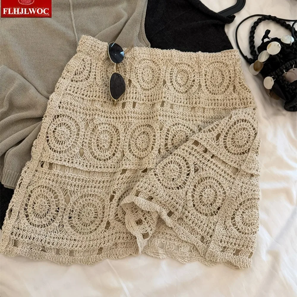 Bohemian Style Hollow Out Cotton Skirts Mori Girls Crochet Knit Retro Vintage Cute Holiday Beach Vacation Cover Up Short Skirts
