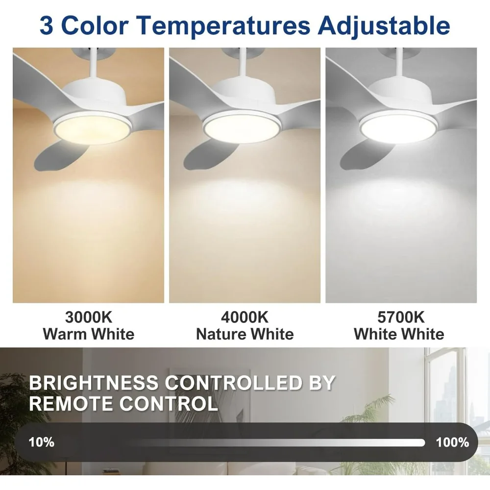 مروحة سقف حديثة بيضاء مقاس 52 بوصة مع ضوء وجهاز تحكم عن بعد، تشغيل هادئ، شفرات قابلة للعكس، إضاءة قابلة للتعتيم لغرفة النوم #2