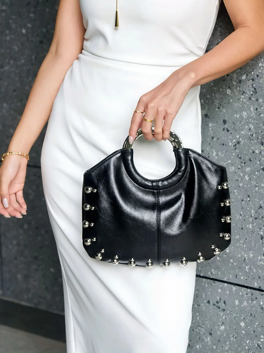 UGALS Casual Retro Punk Heavy Duty Metal Rivet Tote Bucket round Ring Handbag Crossbody Bag Women's Fashion Summer Bag
