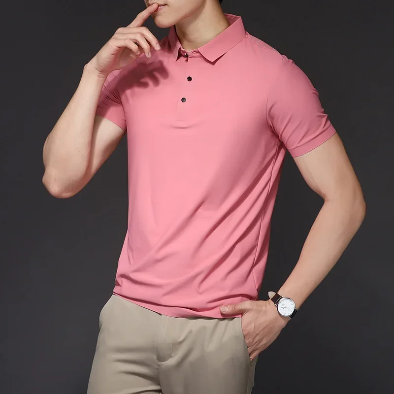 Summer Ice Silk Mens Polo Shirts Luxury Short Sleeve Solid Color Business Casual Male Tops Fashion Simple Slim Man Tees