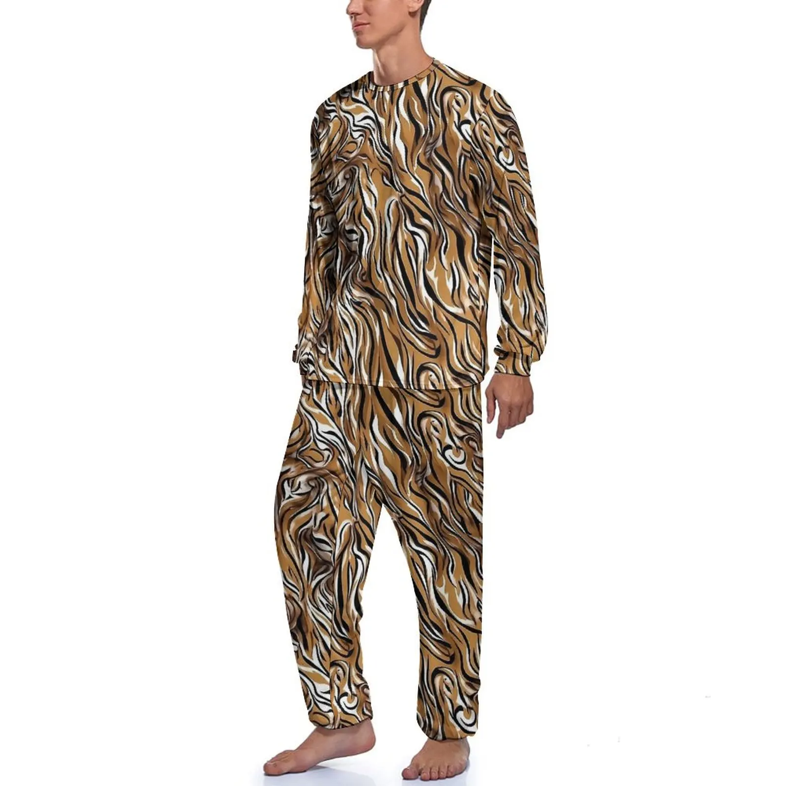 Tiger Skin Print Pajamas Man Animal Fashion Nightwear Daily Long Sleeves 2 Pieces Bedroom Design Pajama Sets