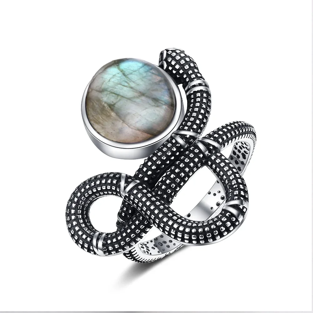 S925 Silver Snake Shaped Natural Labradorite Ring Silver 10*12MM Turquoise Moonstone Retro Gift for Women Fine Jewelry