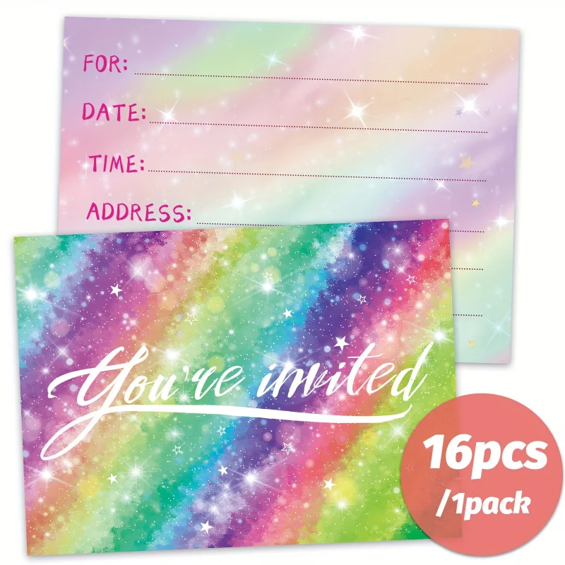 16-Pack Rainbow Birthday Invitations, Personalized Paper Cards with Cartoon Designs, German Language