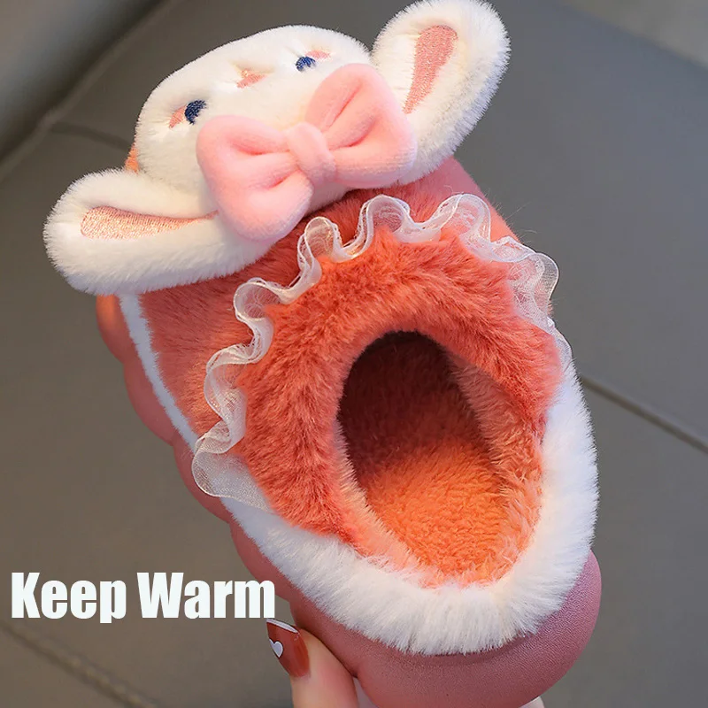 Anti-skid Winter Warm Kids Slippers Cartoon Furry Baby Girls Home Indoor Plush Shoes Soft Sole Floor Warm Cotton Slippers