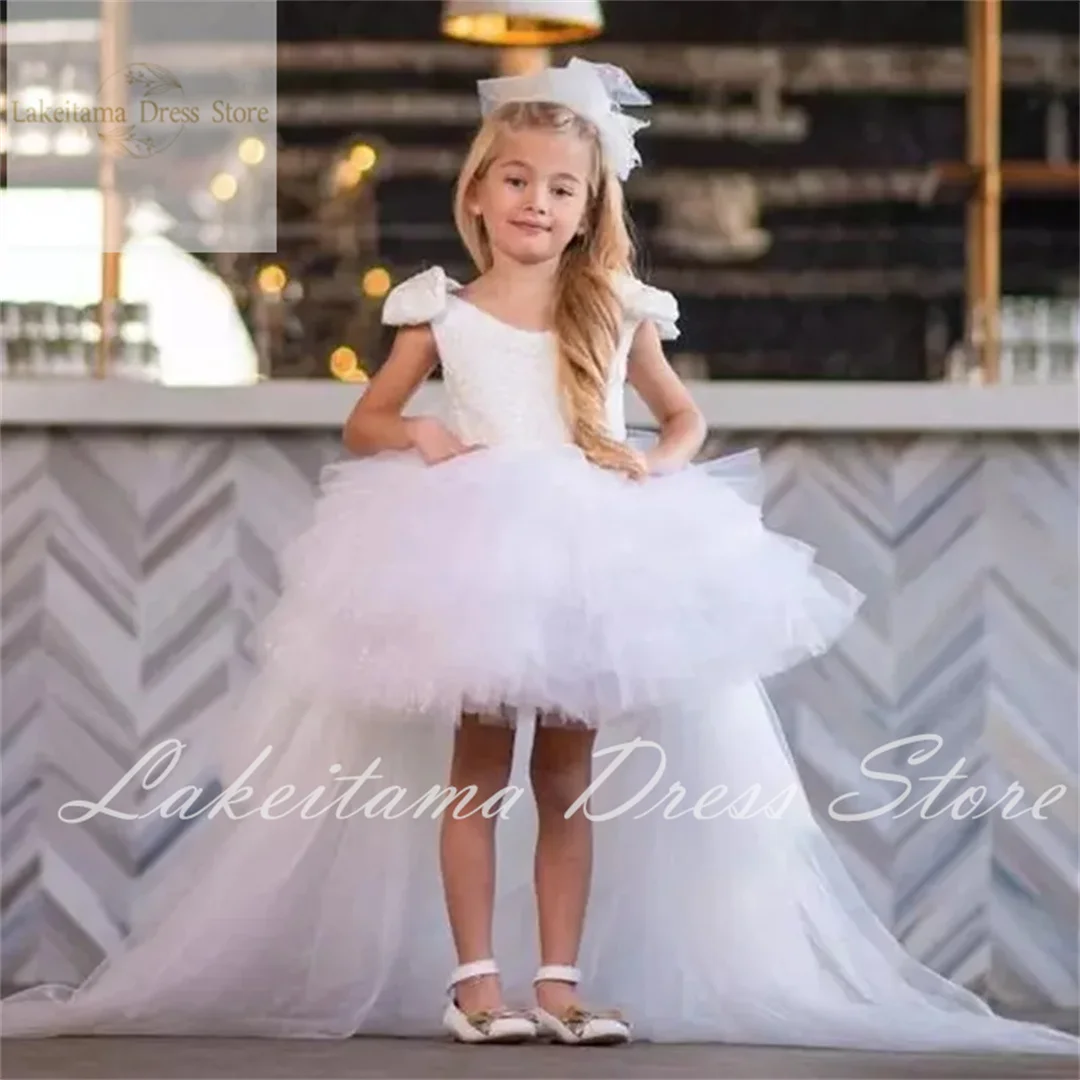 Wedding and Party Puffy Pageant Hi-lo Tiered Flower Girl Dress for Tulle Kids Children Infant Birthday Gowns with Long Train