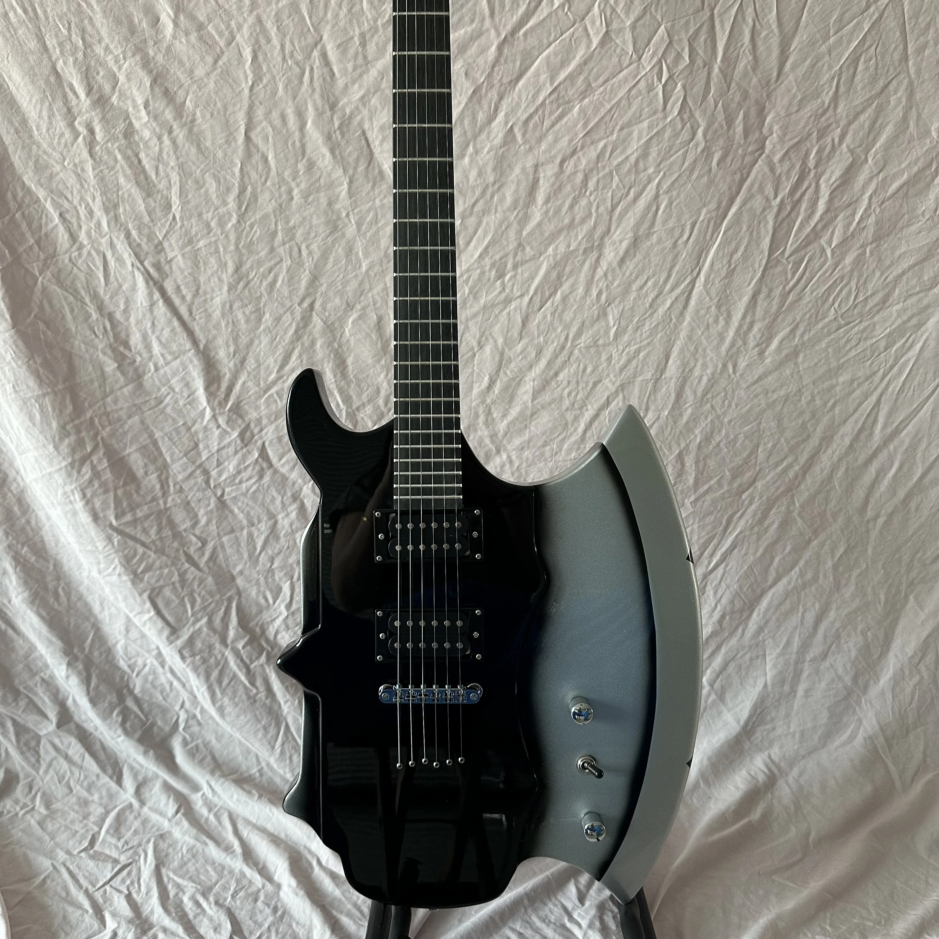 Axe Shape Electric Guitar Black Silver 6 String Rosewood Fingerboard Double Humbucker Heavy Metal Rock Guitar