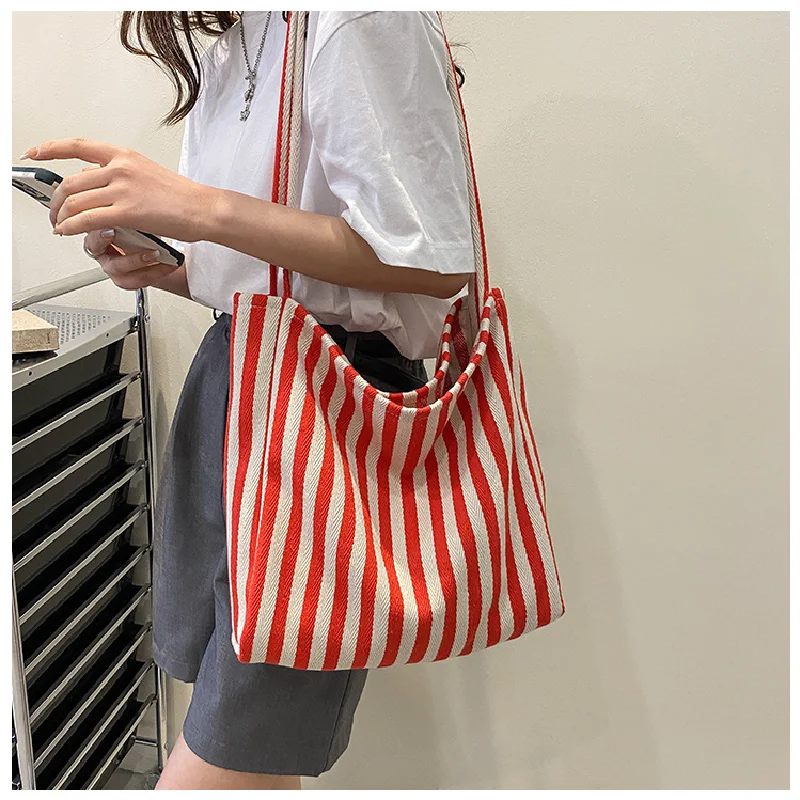 Vintage Art Handbag Simple Small Fresh Striped Shoulder Bag Casual Fashion Large Capacity Shopping Bag