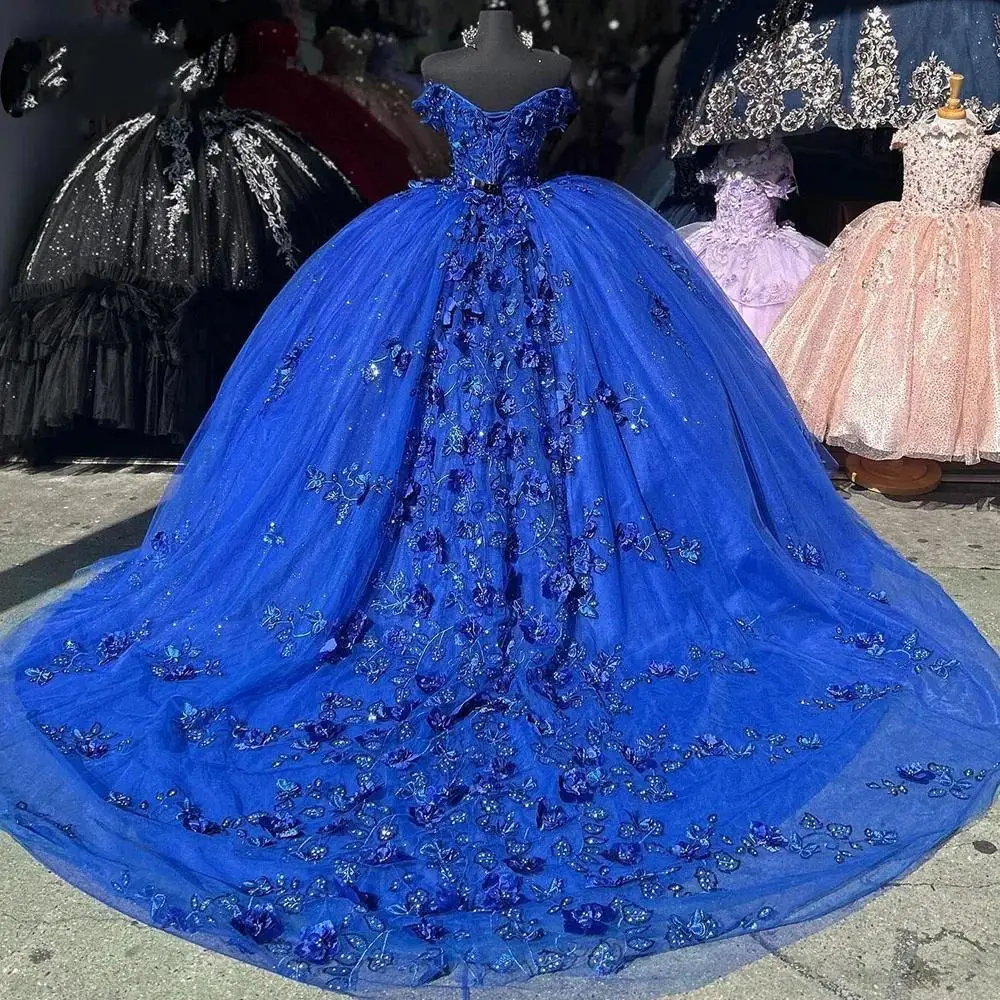 Customized  Shiny Royal Blue Quinceanera Dresses 3D Flowers Beading Lace Applique Vestidos De 15 Anos Birthday Party