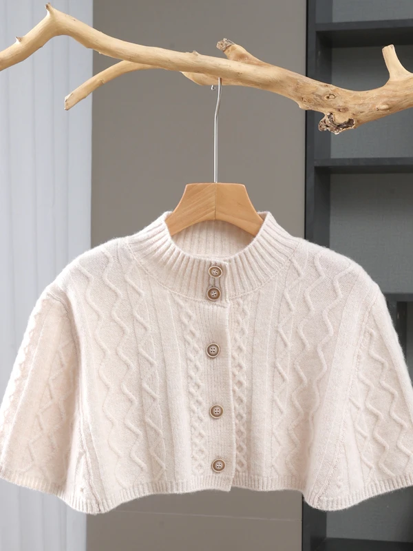 

Women's Woolen Shawl Coat New Chinese Style Knitted Outerwear with Button Loose Fit Shoulder Neck Protection for Qipao Dress