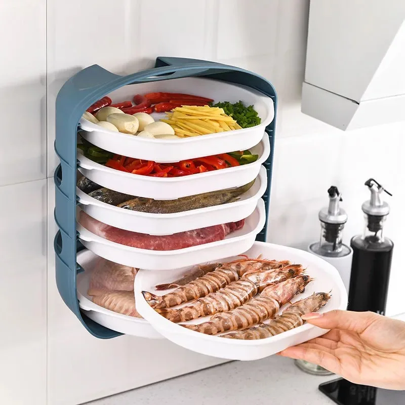 6 Layer Plastic Side Dish Rack Storage Tray Multi-Layer Drainable Hot Pot Barbecue Tray Wall-Mounted Household Kitchen Supplies