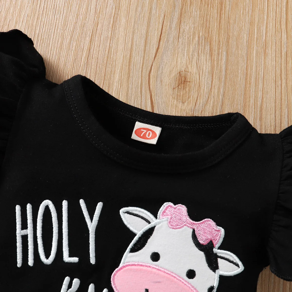 Summer Baby Girls Fashion Three-Piece Set Black Cartoon Cow Embroidery Short Sleeve Dress Personality Flare Pants Bow Headband