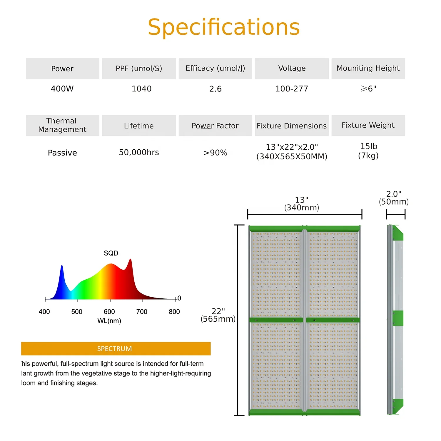 Professional Full Spectrum Hydroponics Waterproof  400W  Indoor Plants LED Grow Light.