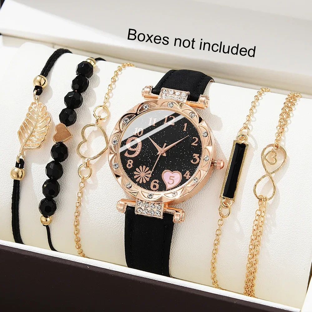 Conjunto de relógio de pulso analógico de couro feminino, pulseira de quartzo feminino, moda feminina, 6 peças