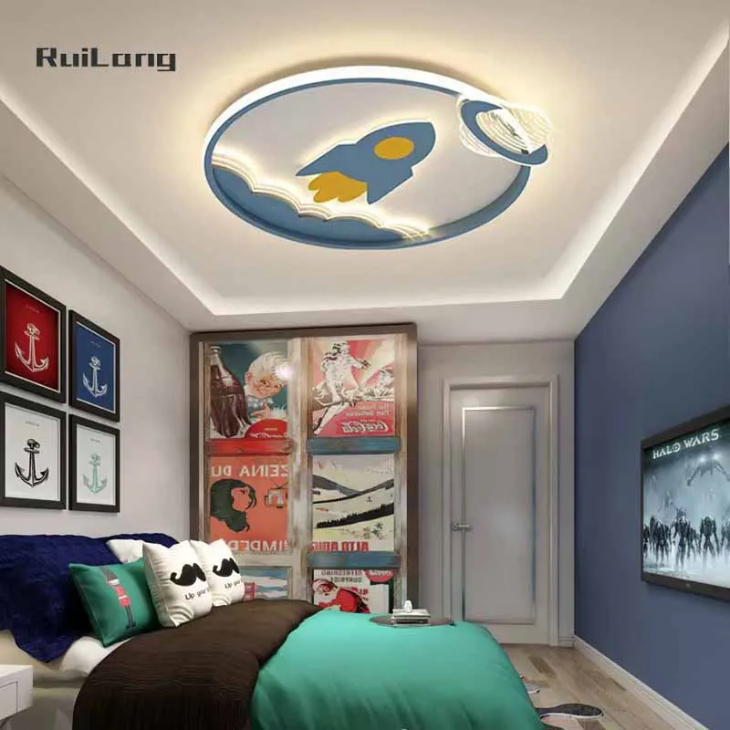 

Creative Rocket Led Ceiling Light For Kids Room Boy Girl Bedroom Study Home Decor Blue Chandelier Cartoon Spaceship Ceiling Lamp