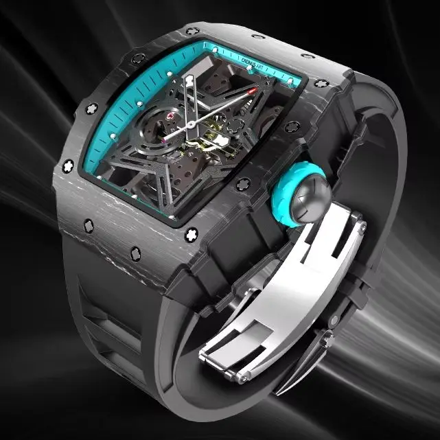 

Мужские автоматические часы CRONUSART 50 мм, механические наручные часы Tonneau, корпус из углеродного волокна, светящийся циферблат-скелетон, ремешок FKM, черный циферблат