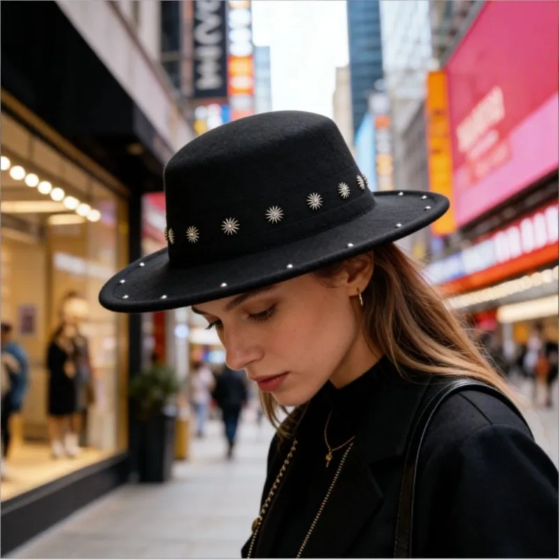 A stylish and versatile black felt flat-topped wide-brimmed top hat with star-studded rivets