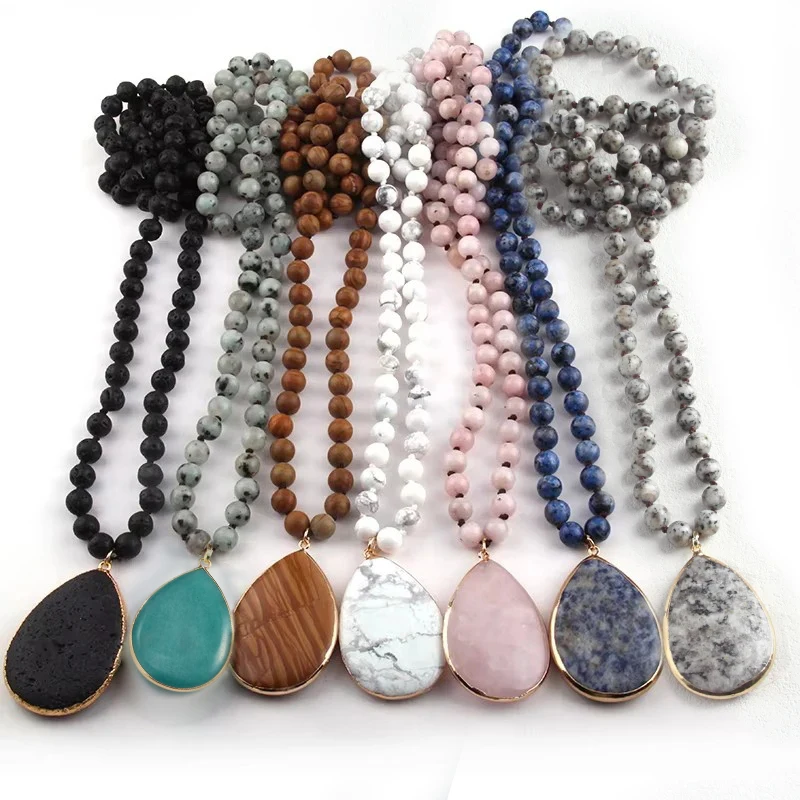 Fashion Bohemian Jewelry 8mm Stone Knotted Stone Drop Pendant Necklaces For Women Jewelry