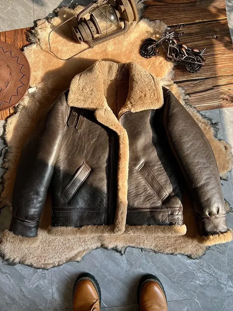 New Fashion 2024 Men\'s Winter Coat Genuine Leather Natural Sheepskin Shearling Jacket Thick Wool Liner Brown Plus Size XXXXXXL