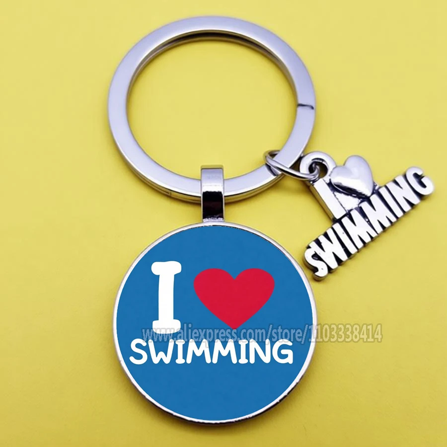 I Love Swimming Keychains Swimming Enthusiasts Men's And Women's Glass Dome Keyring  I Love swimming Gift Club Wholesale