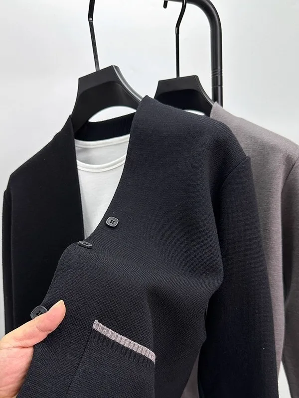 

Мужской вязаный кардиган с V-образным вырезом для весны и осени, повседневная верхняя одежда в деловом стиле, модный топ с открытыми плечами