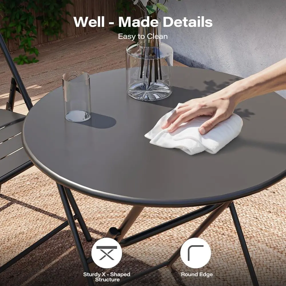 Weather-Resistant 3-Piece Steel Bistro Set: Patio Table with 2 Chairs for Outdoor & Indoor Use (Round, Black) view 5